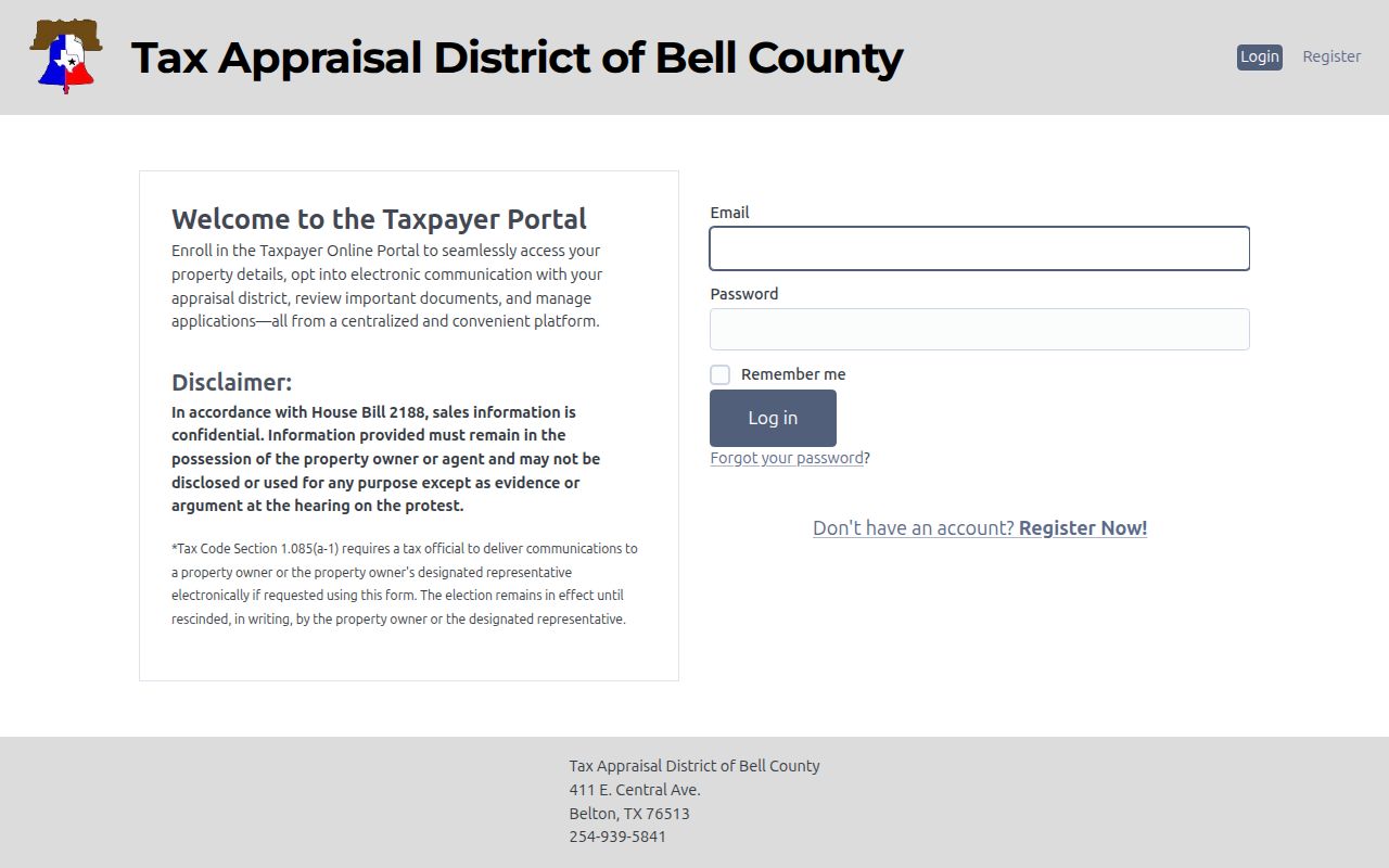 Killeen residents directory Bell CAD taxpayer portal access screen
