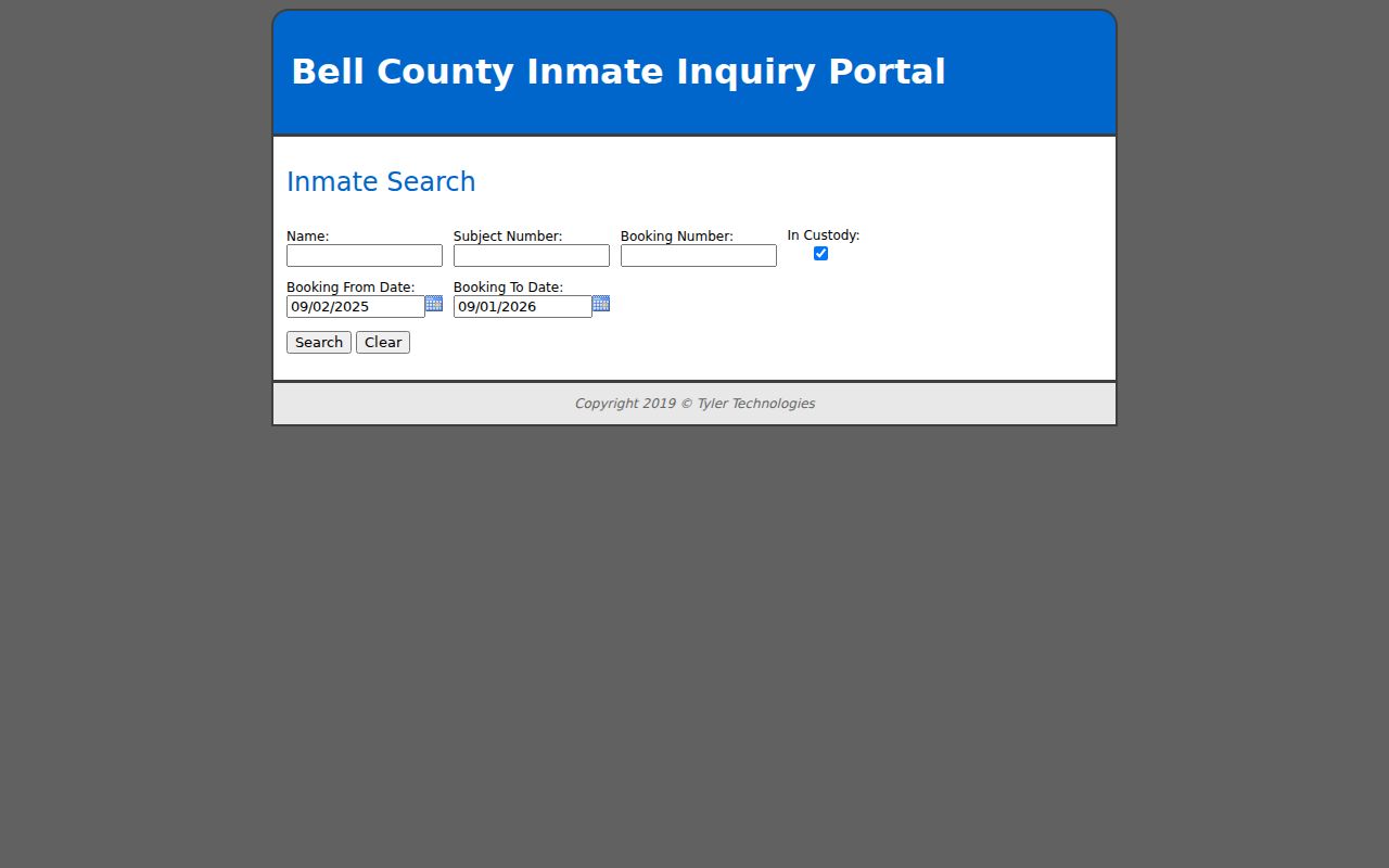 Killeen previous residents Bell County inmate inquiry search controls