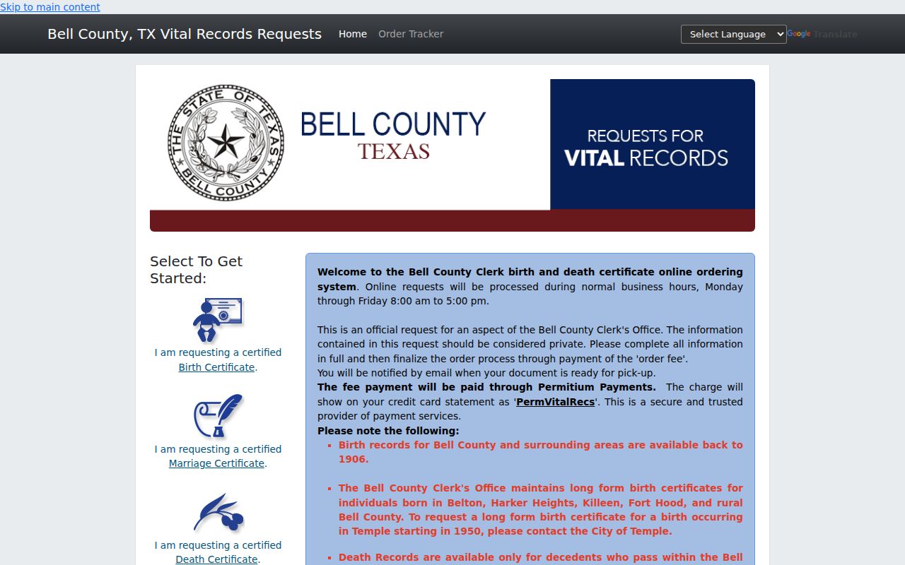 Killeen previous residents Bell County vital-record request page