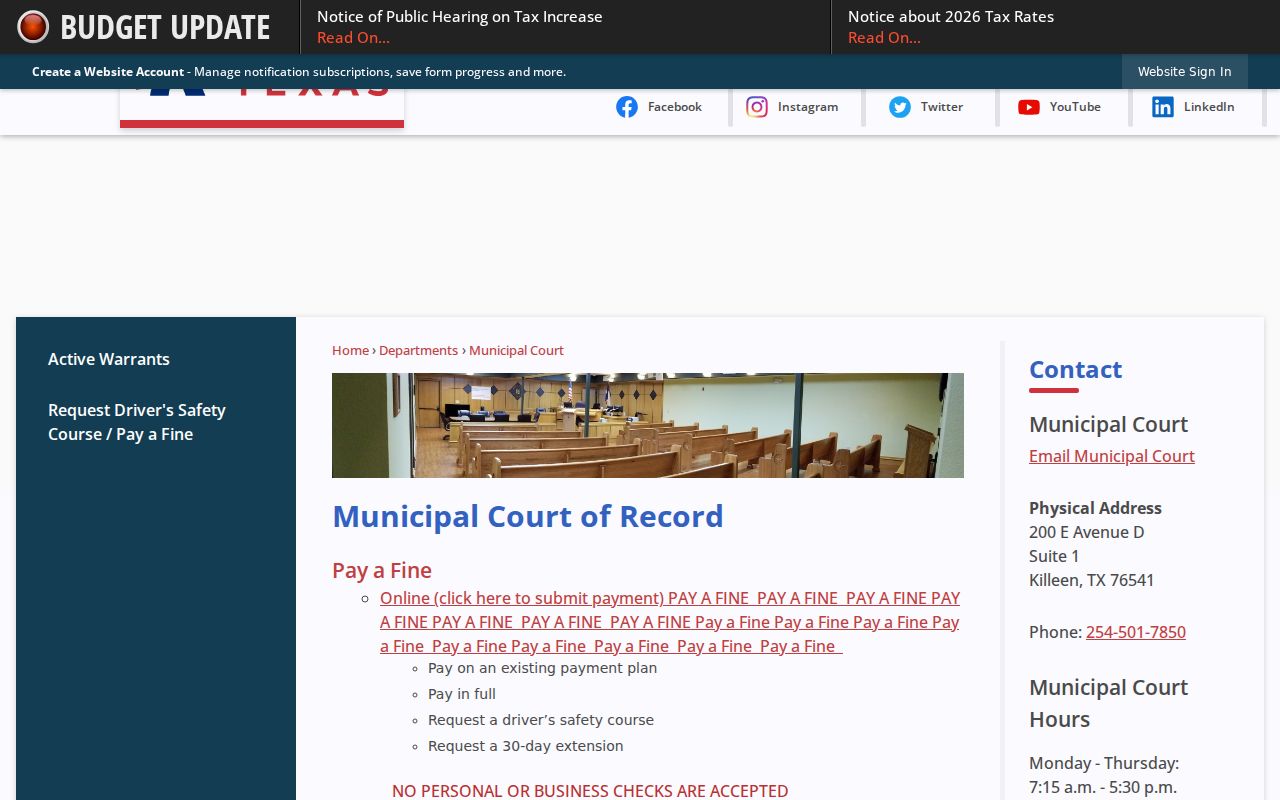 Killeen resident lookup view of the Killeen Municipal Court information page