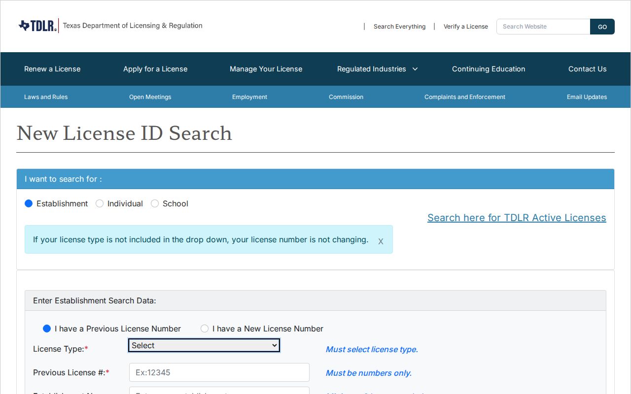 Killeen resident lookup view of the TDLR license search modes and fields