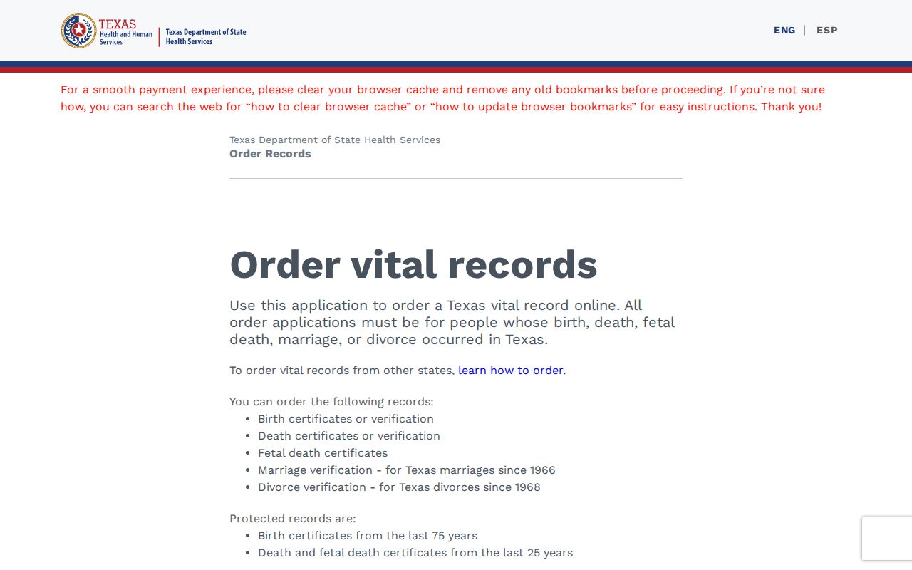 Killeen resident lookup view of the Texas vital records order selection screen