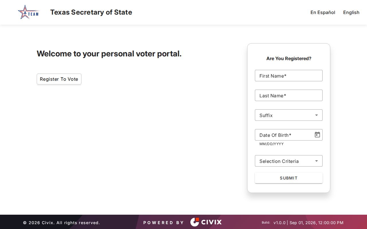 Killeen resident lookup view of the Texas My Voter Portal blank search choices
